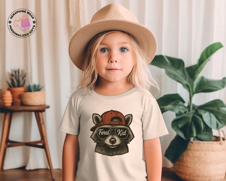 May include: A light beige t-shirt featuring a raccoon wearing a red cap and sunglasses with the text "Feral Kid". The shirt is worn by a young child, and the image is set against a neutral background.