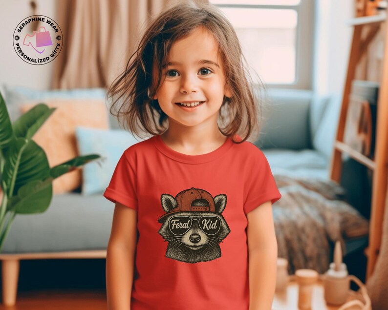 May include: A red t-shirt featuring a raccoon wearing a red cap and sunglasses with the text "Feral Kid". The raccoon graphic is in the center of the shirt. The shirt is being worn by a young child.