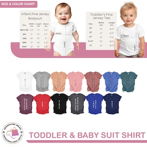 May include: Size chart for infant and toddler clothing. The chart shows the width and length measurements in inches for different sizes of bodysuits and t-shirts. The chart also includes a color chart with various colors for the clothing.