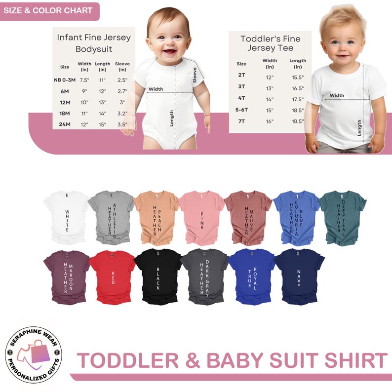 May include: Size chart for infant and toddler clothing. The chart shows the width and length measurements in inches for different sizes of bodysuits and t-shirts. The chart also includes a color chart with various colors for the clothing.