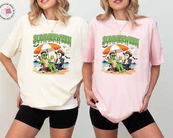 Funny Summerween Shirt, Halloween Horror Characters Tee, Retro Summer Halloween Tshirt, Trick or Tan Shirt,Halloween Gift,Summer Vibes Shirt