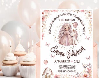 May include: A pink and white birthday party invitation featuring a cartoon girl and unicorn. The invitation includes the text "Please join us for a magical 5th birthday party!" and the name "Emma Johnson". The invitation is decorated with floral and butterfly accents.