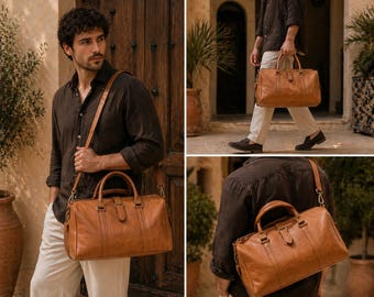 Handmade Leather Weekender Bag for Men & Women | Full Grain Duffel Bag | Carry On Travel Bag | Moroccan Leather Overnight Bag