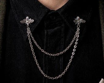 Handgemaakte Victoriaanse kraagspeld, shirtclip dubbele ketting, insectenreverssieraden, uniseks statementcadeau
