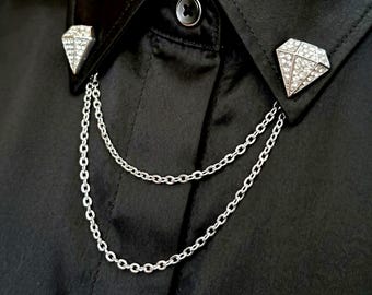 Kristaldiamant kraagkettingspeld, zilveren overhemdbroche, strass kraagspelden, statement-accessoire dubbele ketting