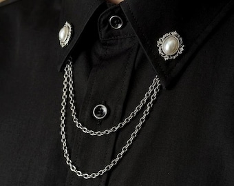 Elegante kraagspeld met parelbloem, emaille broche met dubbele ketting, sieraden in Edwardiaanse stijl voor vrouwen, cadeau voor haar