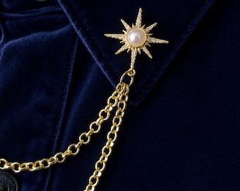 Star Collar Chain Pin – Celestial Pearl Brooch, Double Chain Shirt Collar Clip, Statement Jewelry