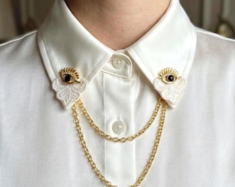 Boze oog kraag kettingpin, Crystal Eye broche, dubbele ketting kraagclip, goud-zilveren shirtsieraden, Dark Academia pin