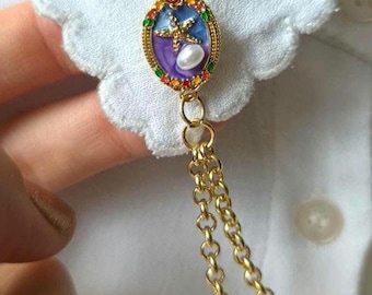 Collar de perlas con forma de estrella de mar hecho a mano, broche para camisa de doble cadena dorada vintage, joyería elegante para mujer, regalo para ella.