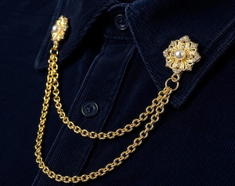 Floral Pearl Collar Pin – Gold Silver Tone Chain Brooch, Vintage Style Shirt Clip