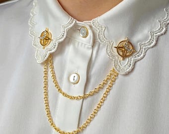 Unisex kraagkettingspeld, overhemdkraagbroche, dubbele kraagspeld, goudzilveren kraagketting, statement overhemdaccessoire