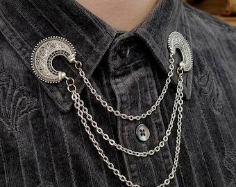 Antik brosch med dubbel kedja och krage | Silverfärgad skjortnål med etnisk blommig design