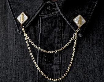 Vintage Leaf Collar Chain Pin – Double Chain Brooch for Shirt & Blazer, Elegant Statement Jewelry