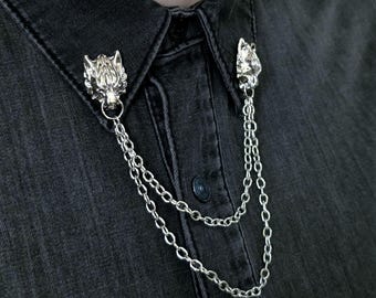 Wolfskopf Kragen Ketten Brosche, Silber Gold Doppel Kette Shirt Pin, Herren Statement Revers Schmuck, Geschenk für Freund