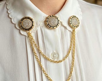 Luxe kristallen kraagspeldset, premium dubbele kettingbroche, knoopsluiting kraagclip, vintage stijl shirtsieraden