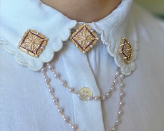 Vintage vierkante kettingspeld, broche met parel drop kraag, overhemdspeld met dubbele ketting, elegante statement sieraden voor vrouwen