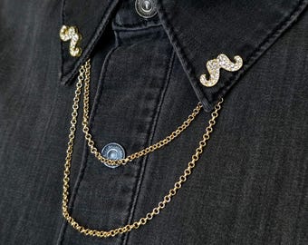 Crystal snor kraag kettingspeld, gouden of zilveren shirtbroche, dubbele ketting kraag accessoire, cadeau voor papa, Vaderdag sieraden
