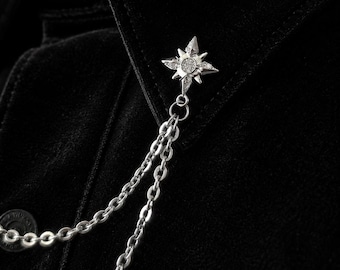 Vintage Minimal Star Collar Chain, Elegant Shirt Brooch Pin, Handmade Unisex Statement Jewelry, Gift Idea