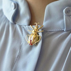 Beetle Button Cover Brooch, Vintage Insect Collar Pin, Red Rhinestone Shirt Button Jewelry, Nature Inspired Gold Bug Pin