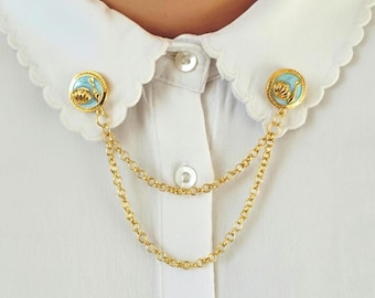 Shirtclip kraagketting voor dames – vintage cameebroche, blouseclip dubbele ketting, blauwe of witte sieraden