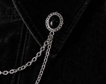 Vintage Edwardian Collar Chain Brooch Black, Detachable Collar Pin, Unisex Statement Jewelry, Gift for Her Him
