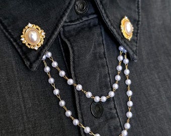 Kettingbroche met parelkraag, gouden ovale kraagspelden, vintage overhemdsieraden, statement blousekettingaccessoire