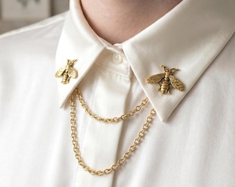 Vintage bijenkraagkettingbroche, shirtspeld met dubbele ketting, zilvergouden herenreverssieraden, cadeau voor echtgenoot
