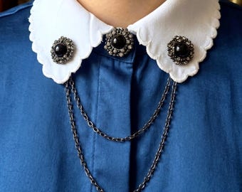 Victoriaanse zwarte kraagspeld en knopbedekset, dubbele ketting gotische kraagclip, vintage stijl afneembare overhemdkraagsieraden