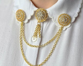 Luxe Victoriaanse kraagkettingspeldset, brocheset met kristallen knopdeksel, gouden dubbele ketting kraagsieraden, vintage shirtaccessoire