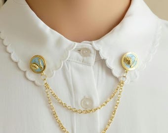 Collar Chain Shirt Clip for Women – Vintage Cameo Brooch, Double Chain Blouse Clip, Blue or White Jewelry