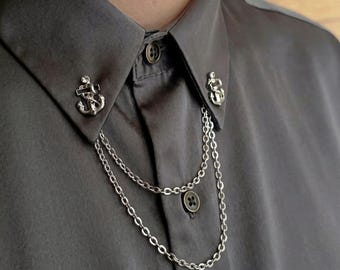 Set ankerkraagspelden, goudzilveren kraagpunten, overhemdbroche met dubbele ketting, nautische gotische sieraden