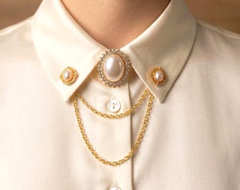 Vintage parelkraag knopcoverset, brochespeld ketting kraag, ovale statement shirtsieraden, afneembaar blouseaccessoire