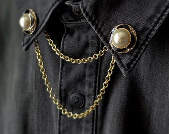 Victoriaanse kettingspeld met parelkraag, dubbele ketting overhemdkraagbroche, vintage parelkraagclips, gouden of zilveren kraagsieraden