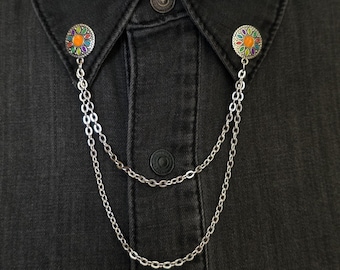 Handgjord brosch i zinklegering, dubbelkedja i guld och silver, smycken i vintagestil, present till unisex