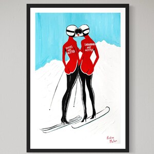 Sciatore contro Snowboarder: chi è il più sexy? (Stampa giclée del dipinto originale su carta Fine Art Premium Luster, firmata a mano dall'artista)