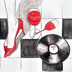 Tacchi rossi, vino rosso, Sade su vinile, Kristina Mallen | Dipinto ad acquerello originale e unico su carta | Opera d'arte unica nel suo genere