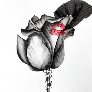 Bacio su una rosa nera in un velo, Kristina Mallen | Dipinti ad acquerello originali e unici su carta | Opera d'arte unica nel suo genere