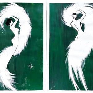 Dittico: Burlesque Muses Painting, Kristina Mallen | Dipinto acrilico originale unico su carta | Opera d'arte unica nel suo genere