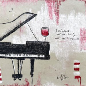 Pianoforte a coda: le note dell'anima si dispiegano lentamente come il vino nel calore, Kristina Mallen | Disegno originale a carboncino e pastello su carta | Opera d'arte unica nel suo genere