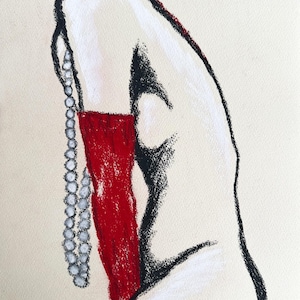 Madame aux Gants Rouges, Kristina Mallen | Disegno originale a carboncino e pastello su carta | Opera d'arte unica nel suo genere