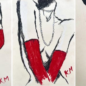 Trittico di Madame in guanti rossi, Kristina Mallen | Disegni originali a carboncino e pastello su carta | Opera d'arte unica nel suo genere