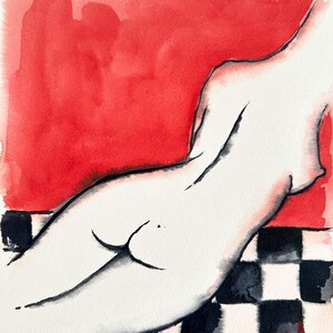 Femme sur Rouge, Kristina Mallen | Dipinto ad acquerello originale e unico su carta | Opera d'arte unica nel suo genere