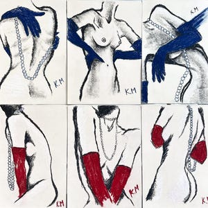 Sextych: tocchi di guanti rossi e blu, Kristina Mallen | Disegni originali a carboncino su carta | Opera d'arte unica nel suo genere