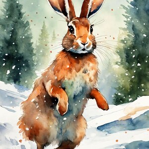 Winter Hare Watercolor Art Print – Snowy Forest Bunny Wall Decor