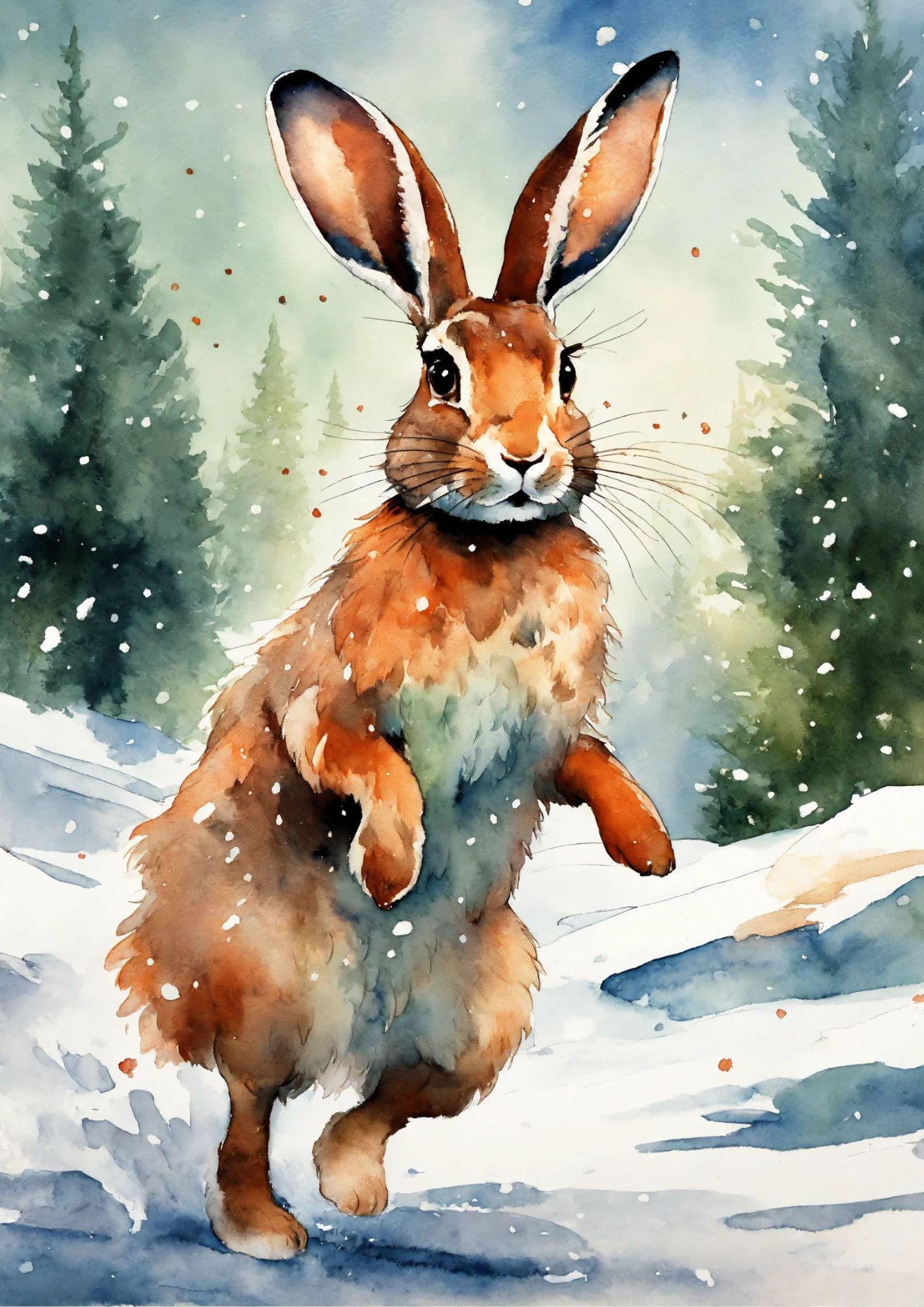 冬のうさぎの水彩画アートプリント – 雪の森のうさぎの壁飾り - Etsy 日本