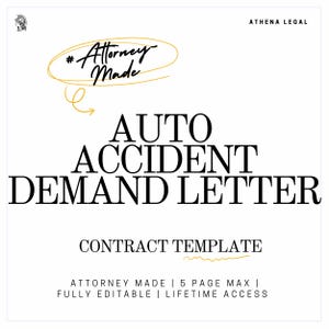 Modelo de contrato de carta de demanda por accidente automovilístico / Formulario de acuerdo editable y redactado por un abogado / Descarga instantánea Acceso de por vida