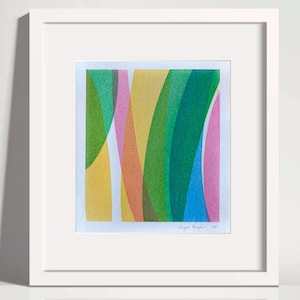 Dipinto acrilico astratto su carta A4, arte murale minimalista moderna, arredamento per la casa giallo rosa verde blu, piccola opera d'arte originale, linee, forme