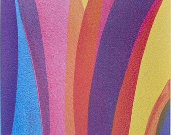 May include: Abstract art print featuring curved lines in shades of blue, pink, orange, red, purple and yellow. The print is signed "Olga Buyko 25".
