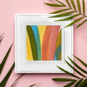 Pintura acrílica abstracta sobre papel A4, arte mural minimalista moderno, decoración del hogar en verde, azul, rosa y amarillo, obra de arte original pequeña, líneas y formas.