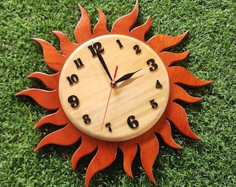 Handcrafted Wooden Wall Clock – Round & Sunburst Shape, 14x12 Inch – Rustic Home Décor, Silent Non-Ticking, Personalized Gift